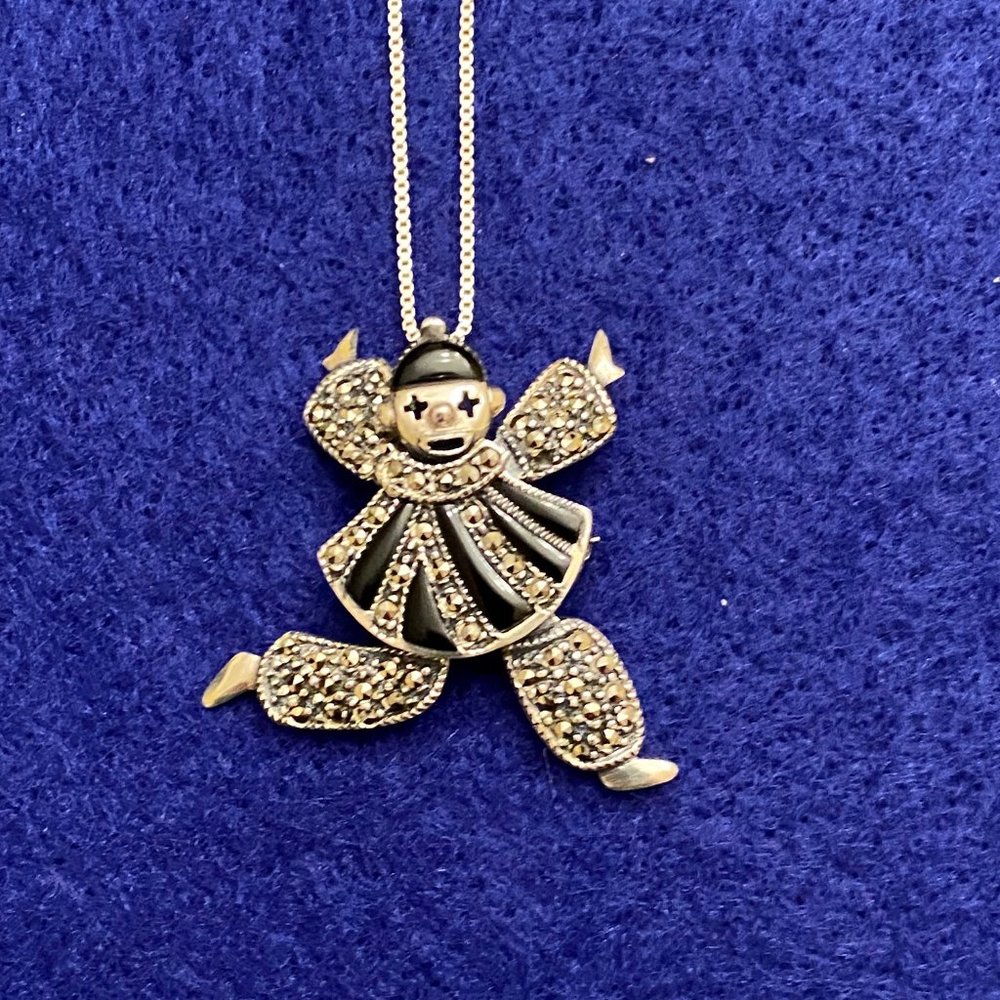Marcasite Clown Pendant/Brooch w/Movable Arms & Legs, 17" SS Chain